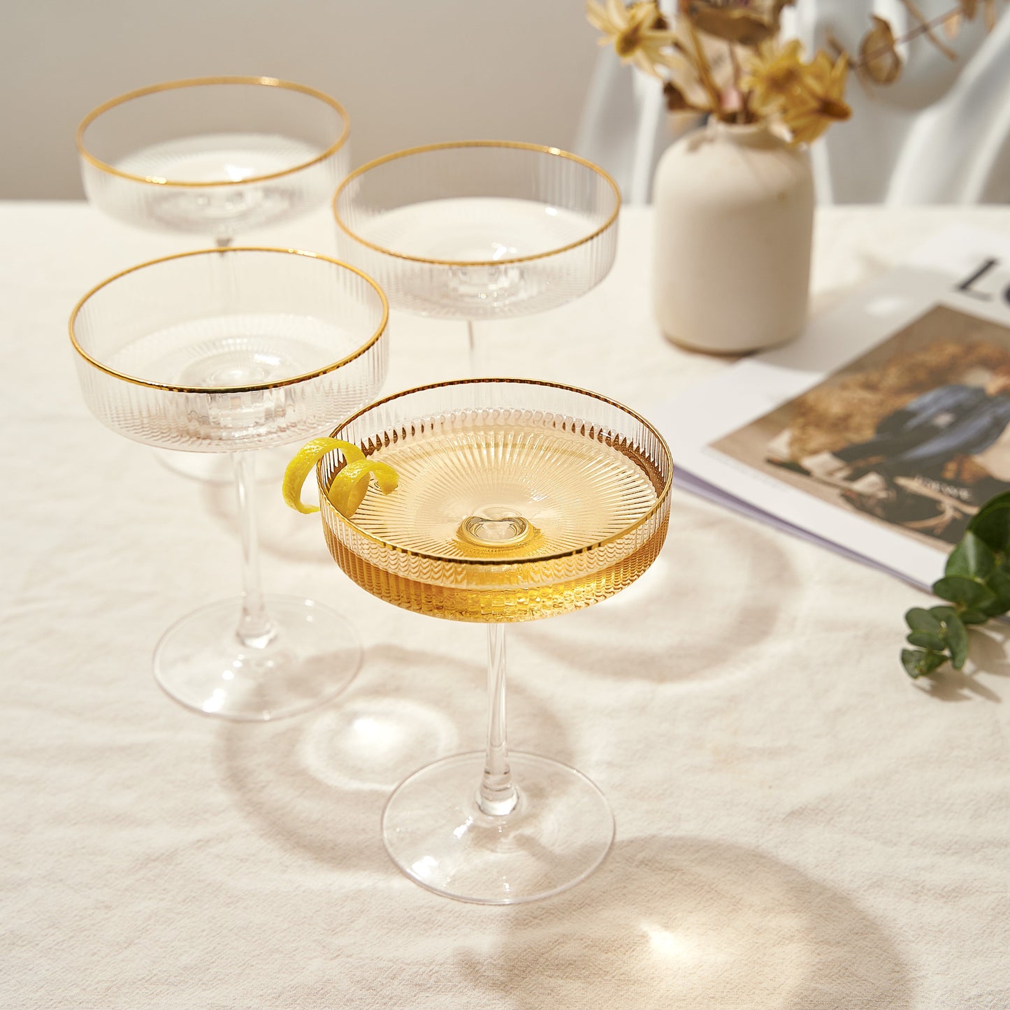 Ribbed Coupe Cocktail Glasses With Gold Rim- Set Of 4- 8 oz