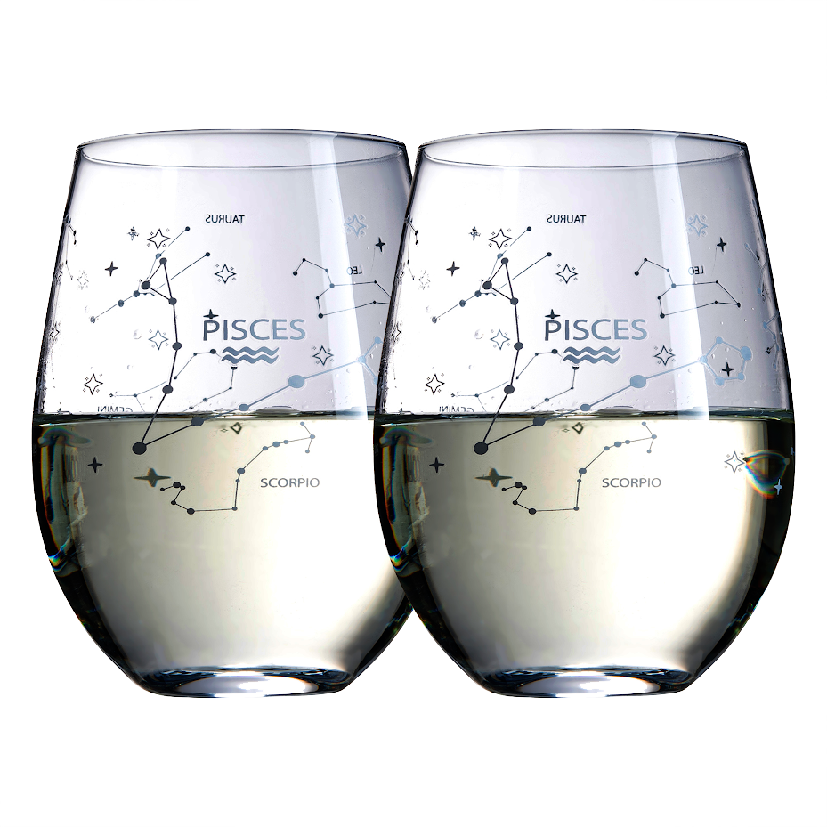 Set of 2 Pisces Zodiac Sign Wine Glasses with 2 Wooden Coasters