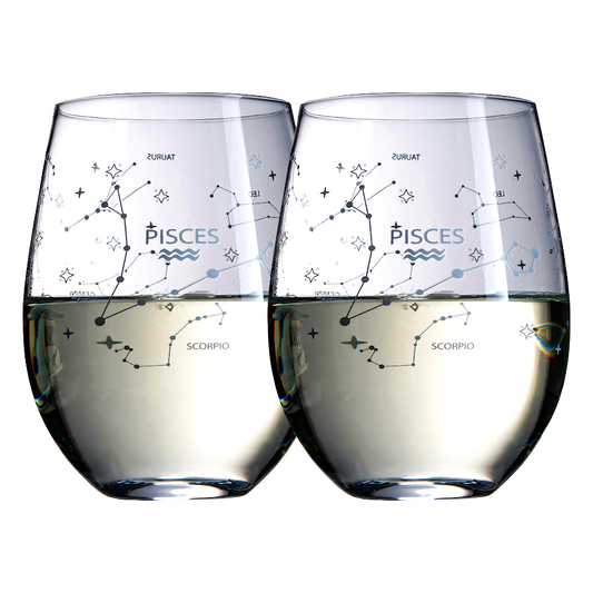 Set of 2 Pisces Zodiac Sign Wine Glasses with 2 Wooden Coasters