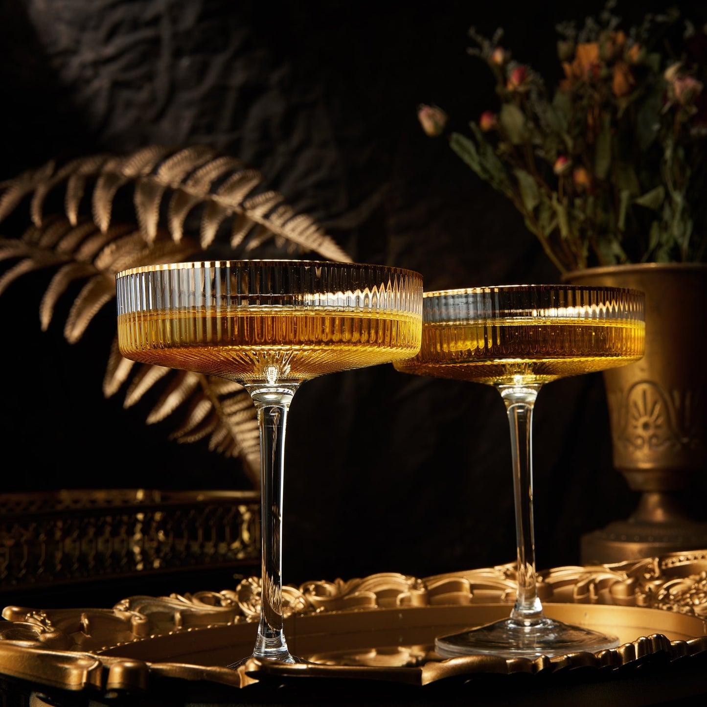 Ribbed Coupe Cocktail Glasses With Gold Rim- Set Of 2- 8 oz |