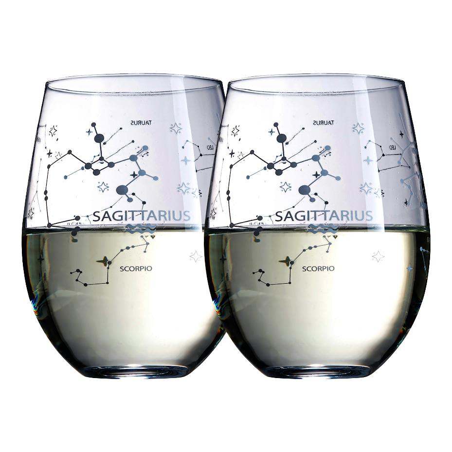 Set of 2 Sagittarius Zodiac Sign Wine Glasses & 2 Wooden Coasters