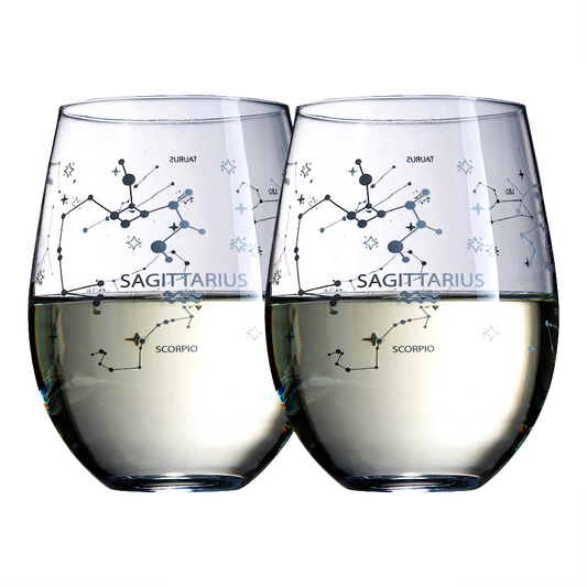 Set of 2 Sagittarius Zodiac Sign Wine Glasses & 2 Wooden Coasters