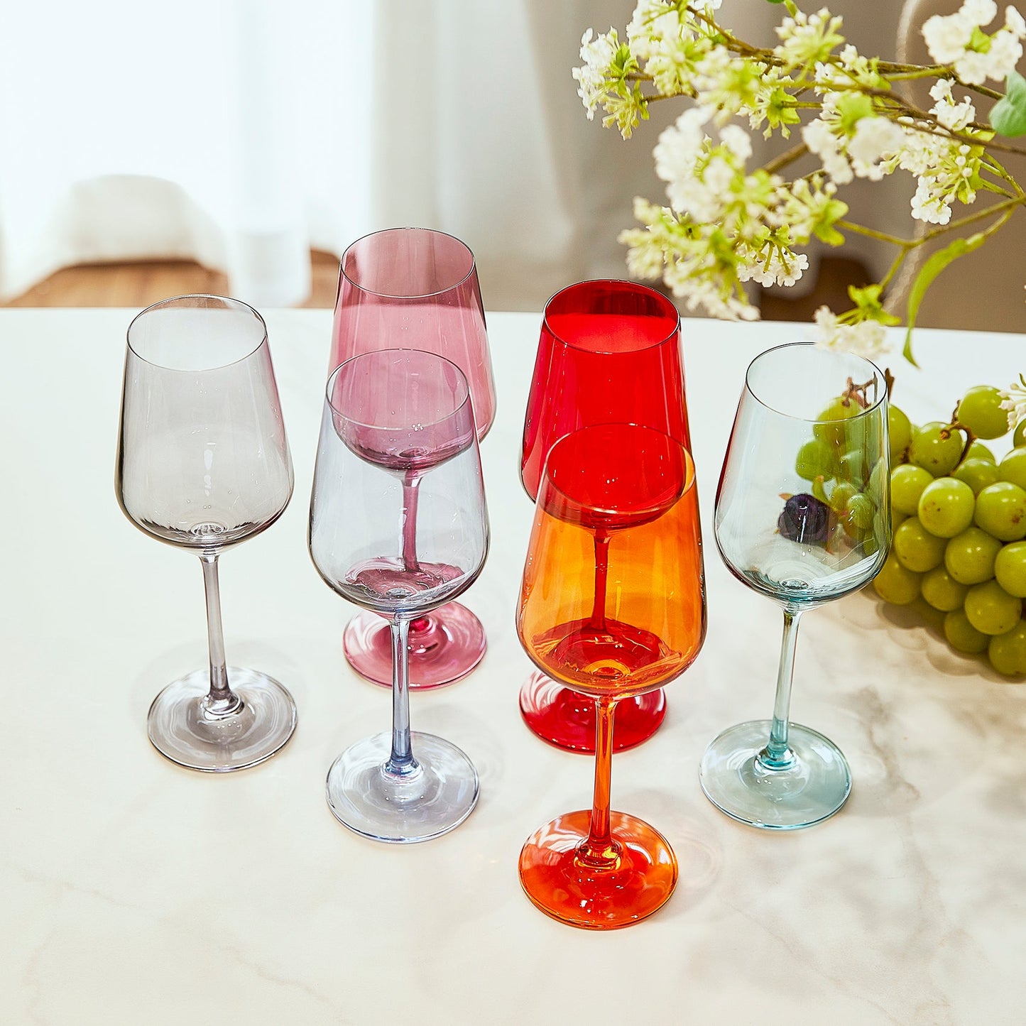 Hand Blown Colored Wine Glass Set 12 oz Set of 6