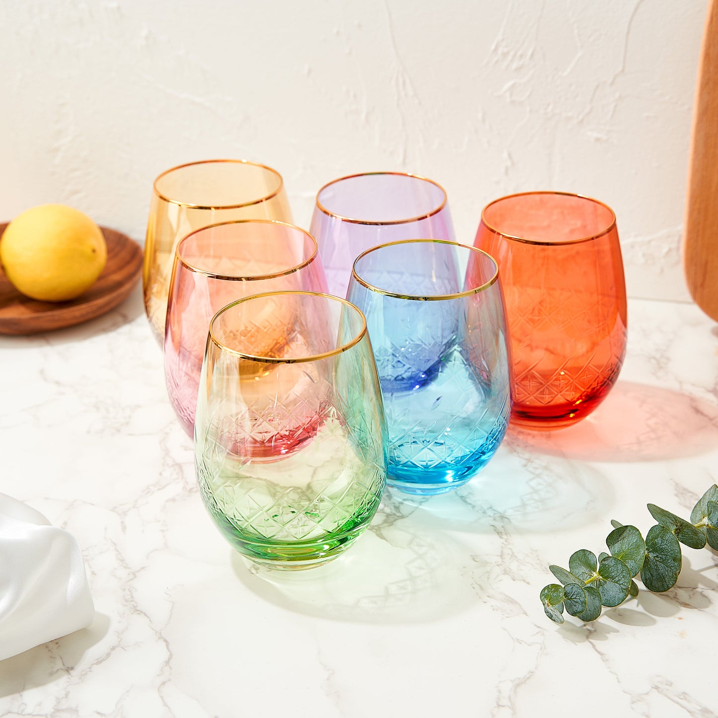 Hand Blown Art Deco Colored Crystal  Stemless Wine Glass 15 oz  Set of 6