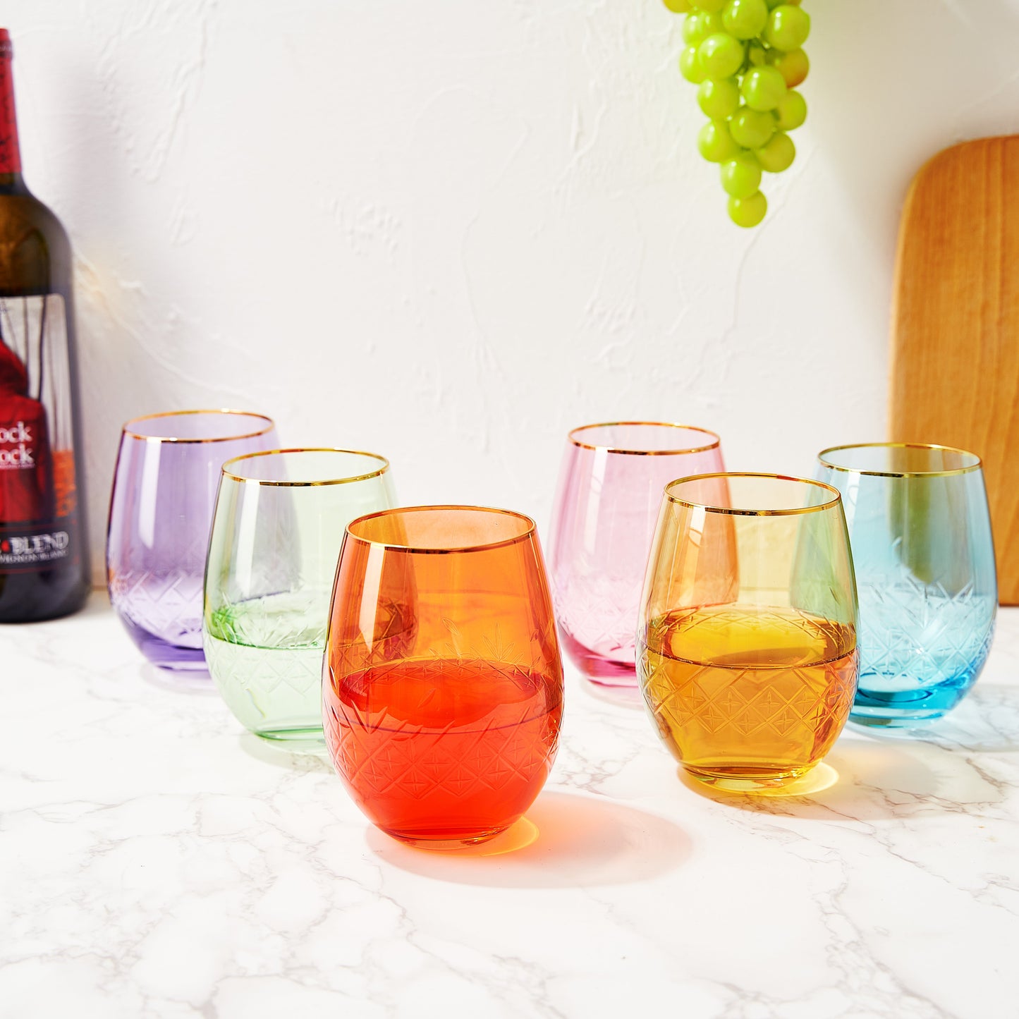 Hand Blown Art Deco Colored Crystal  Stemless Wine Glass 15 oz  Set of 6