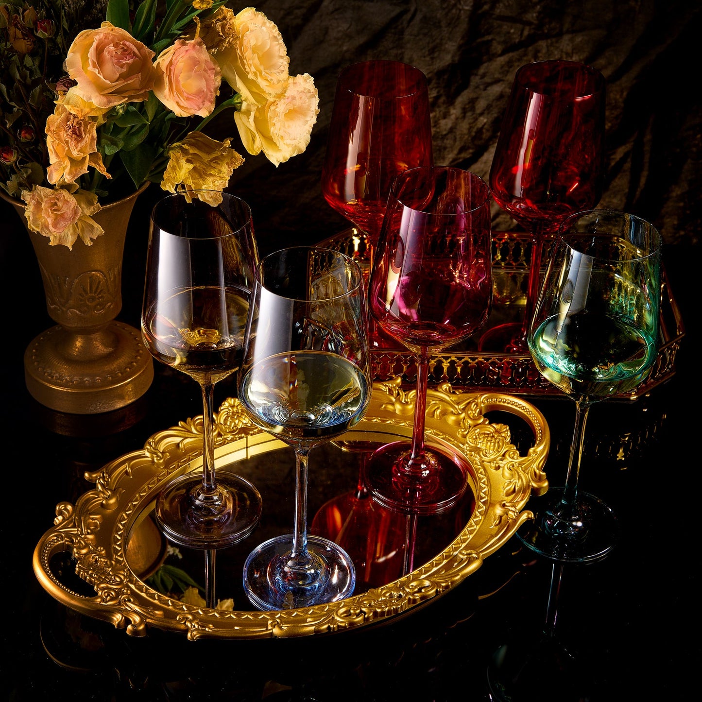 Hand Blown Colored Wine Glass Set 12 oz Set of 6