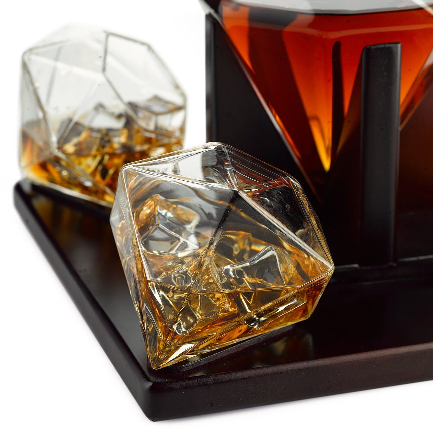 Diamond Decanter With 4 Diamond Glasses and Beautiful Mahogany Wooden Holder