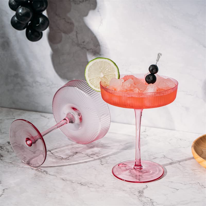 Ripple Cocktail Coupe Colored Glasses  8oz Set of 2 (Rose Pink)
