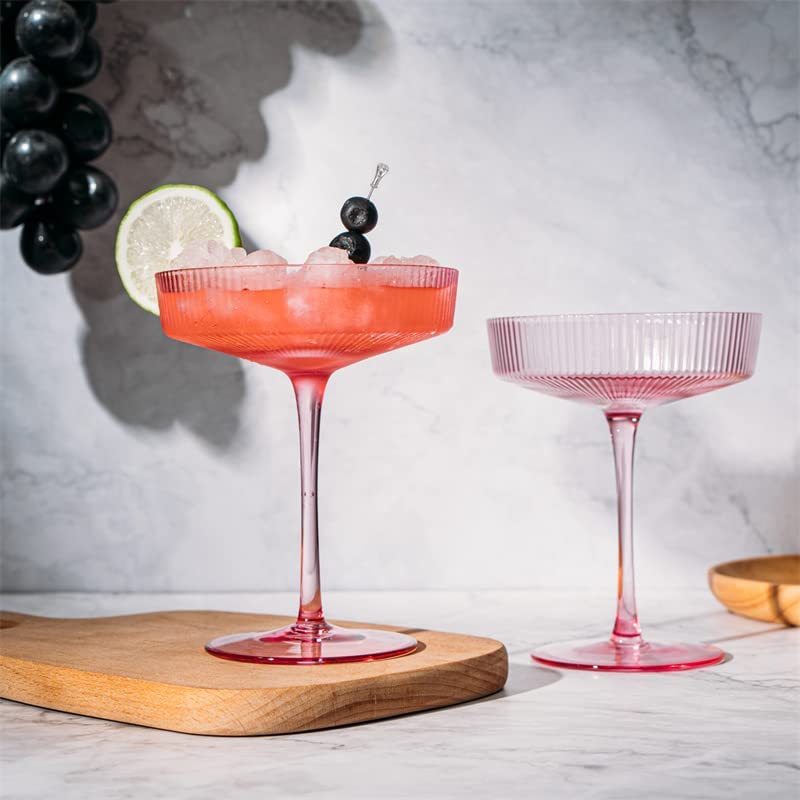 Ripple Cocktail Coupe Colored Glasses  8oz Set of 2 (Rose Pink)