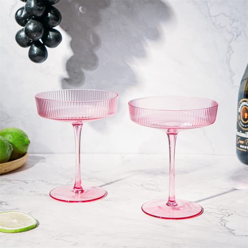 Ripple Cocktail Coupe Colored Glasses  8oz Set of 2 (Rose Pink)