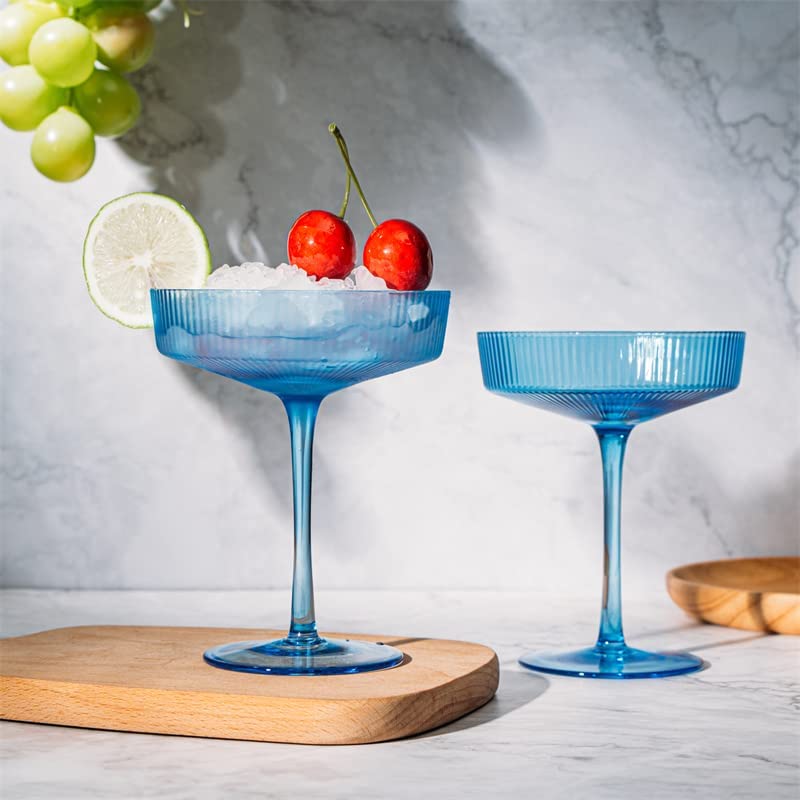 Ripple Cocktail Coupe Colored Glasses 8 oz Set of 2  (Cobalt Blue)