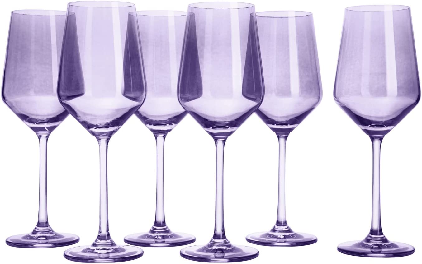 Hand Blown Colored Wine Glasses 12 oz Set Of 6 (Lavender Purple)