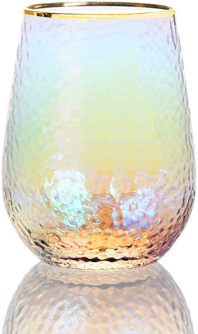 Lustered Iridescent Stemless Wine Glasses 15 oz Set of 4