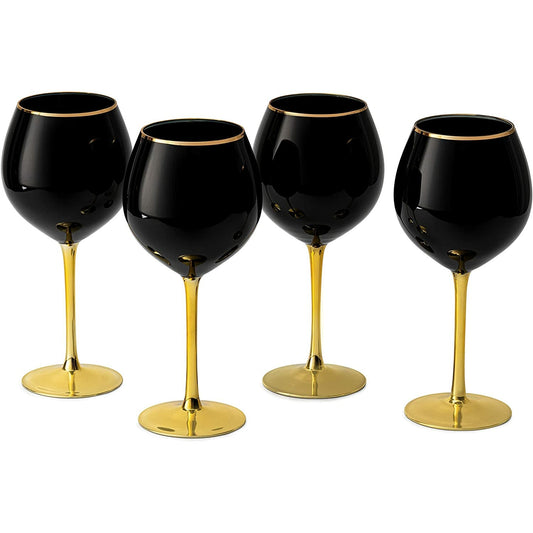 Black Wine Glasses Gold Stemmed & Gold Rim 14 oz Set of 4