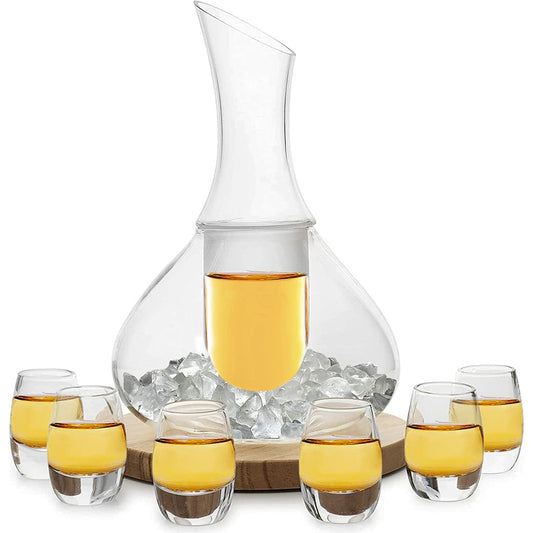 Carafe Set With 6  8.5 oz Glasses  For Warm or Cold Drinks with a Wooden Coaster