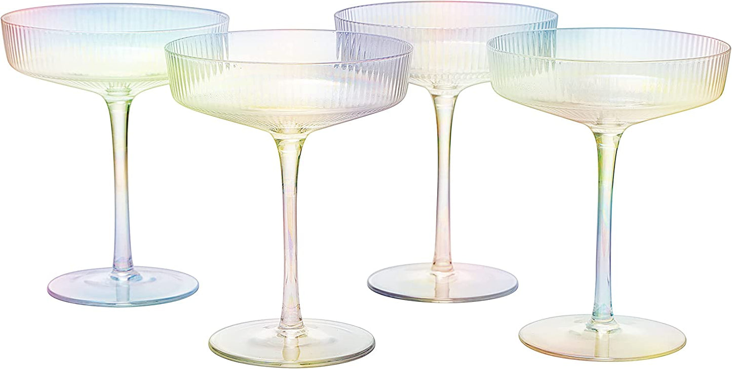 Ripple Champagne Coupe Iridescent Colored Glasses 8 oz Set Of 4