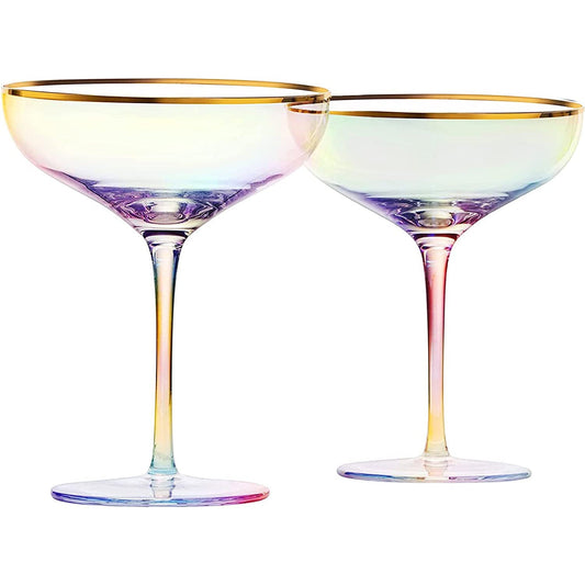 Iridescent Colored Gilded Rim Coupe Glass 9 oz Set Of 2