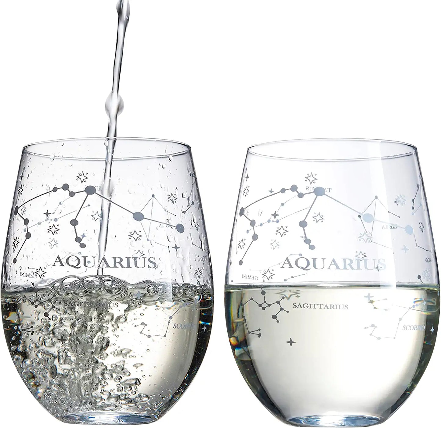 Set of 2 Aquarius Zodiac Sign Wine Glasses with 2 Wooden Coasters