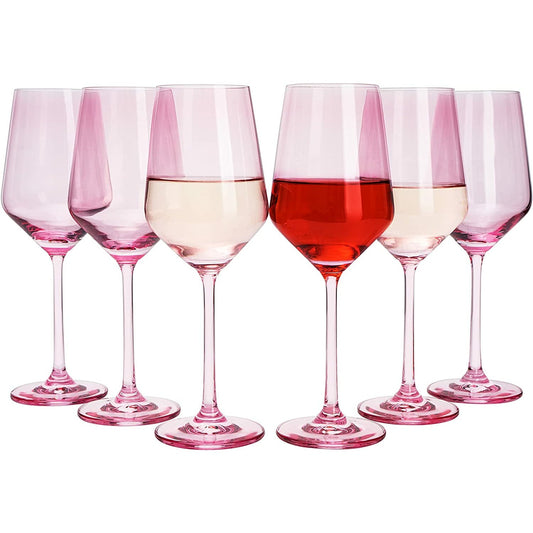 Hand Blown Italian Style Crystal Bordeaux Pink Wine Glasses  12 oz Set of 6