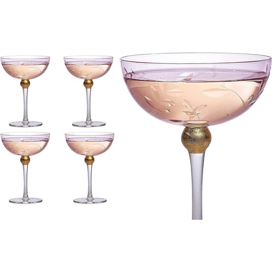 Pallo Tinted Pink Glass Crystal Champagne Saucers 9 oz Set of 4
