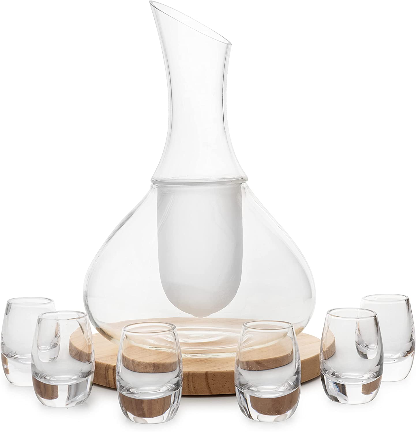 Carafe Set With 6  8.5 oz Glasses  For Warm or Cold Drinks with a Wooden Coaster