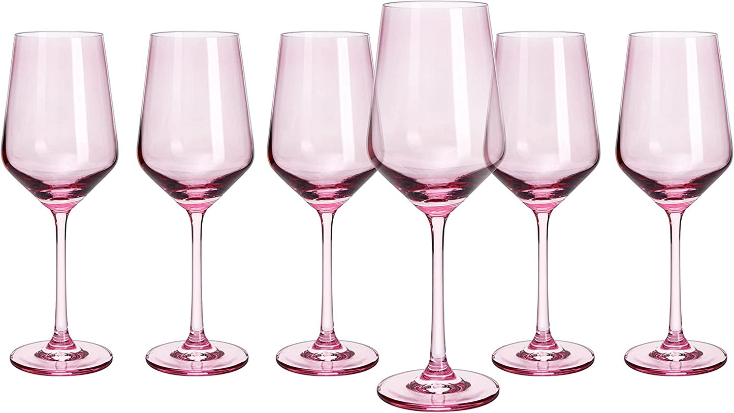 Hand Blown Italian Style Crystal Bordeaux Pink Wine Glasses  12 oz Set of 6