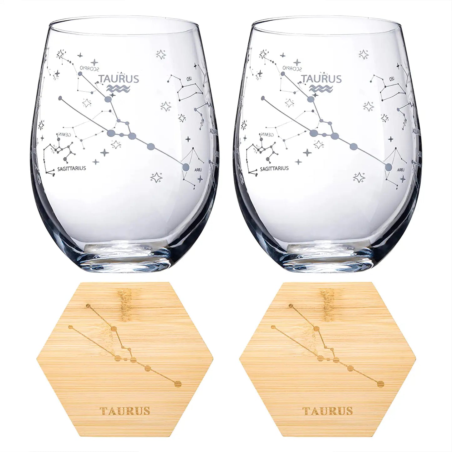 Set of 2 Taurus Zodiac Sign Wine Glasses with 2 Wooden Coasters