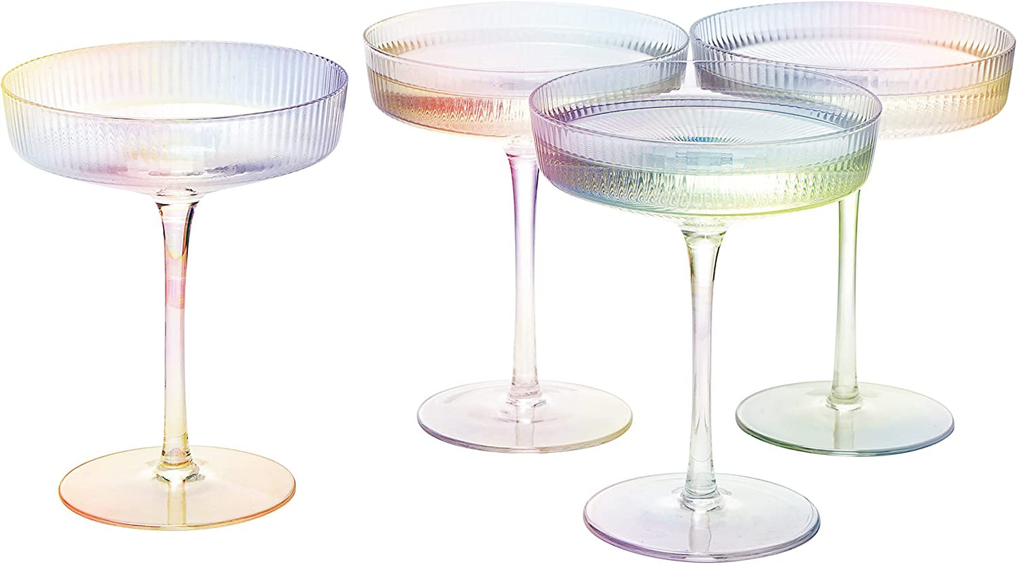 Ripple Champagne Coupe Iridescent Colored Glasses 8 oz Set Of 4