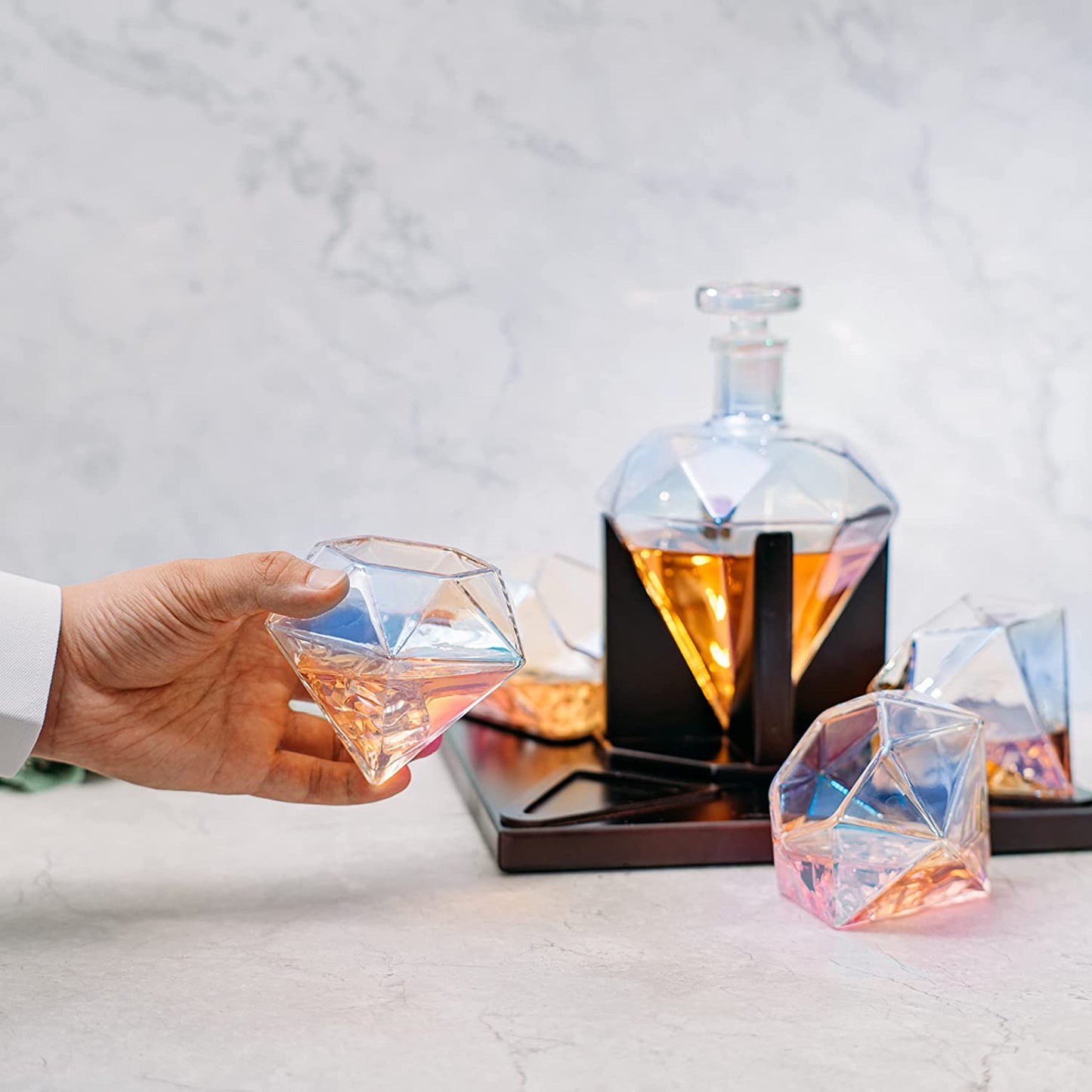 Diamond Decanter With 4 Diamond Glasses and Beautiful Mahogany Wooden Stand