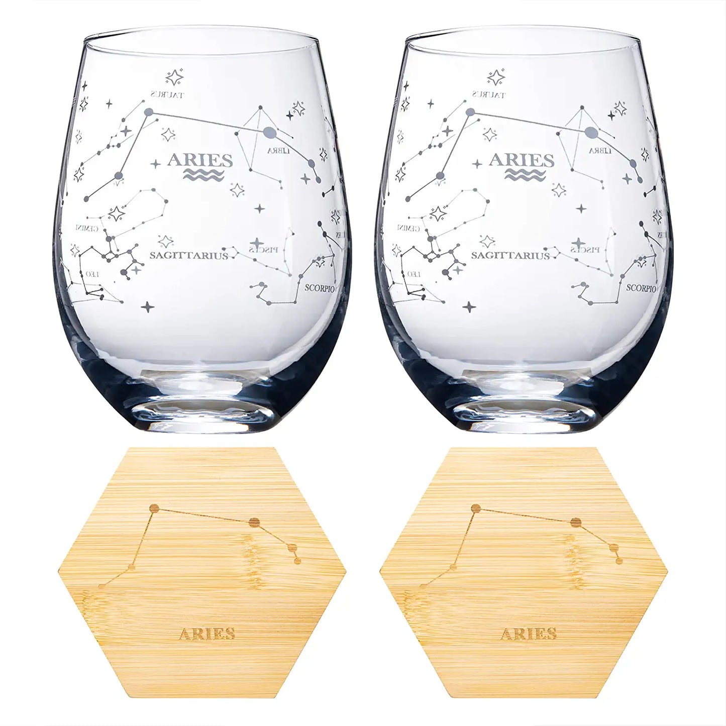 Set of 2 Aries Zodiac Sign Wine Glasses with 2 Wooden Coasters