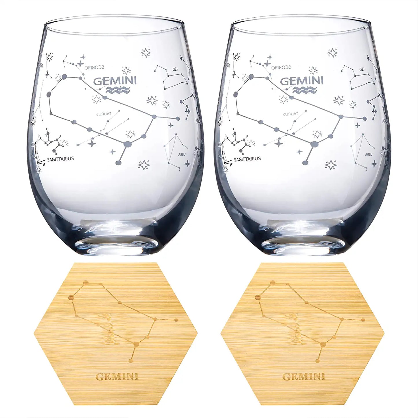 Set of 2 Gemini Zodiac Sign Wine Glasses with 2 Wooden Coasters