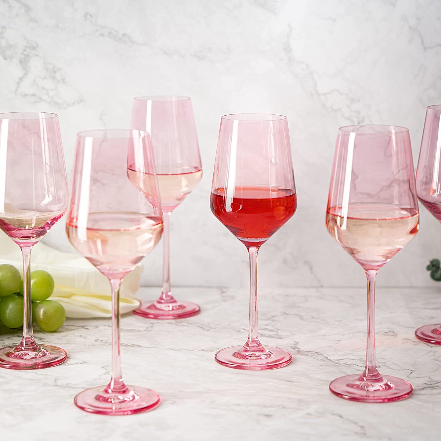 Hand Blown Italian Style Crystal Bordeaux Pink Wine Glasses  12 oz Set of 6