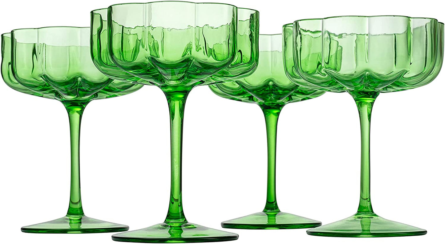 Flower Elegant Champagne & Cocktail Coupes 7 oz Set of 2 (Green)