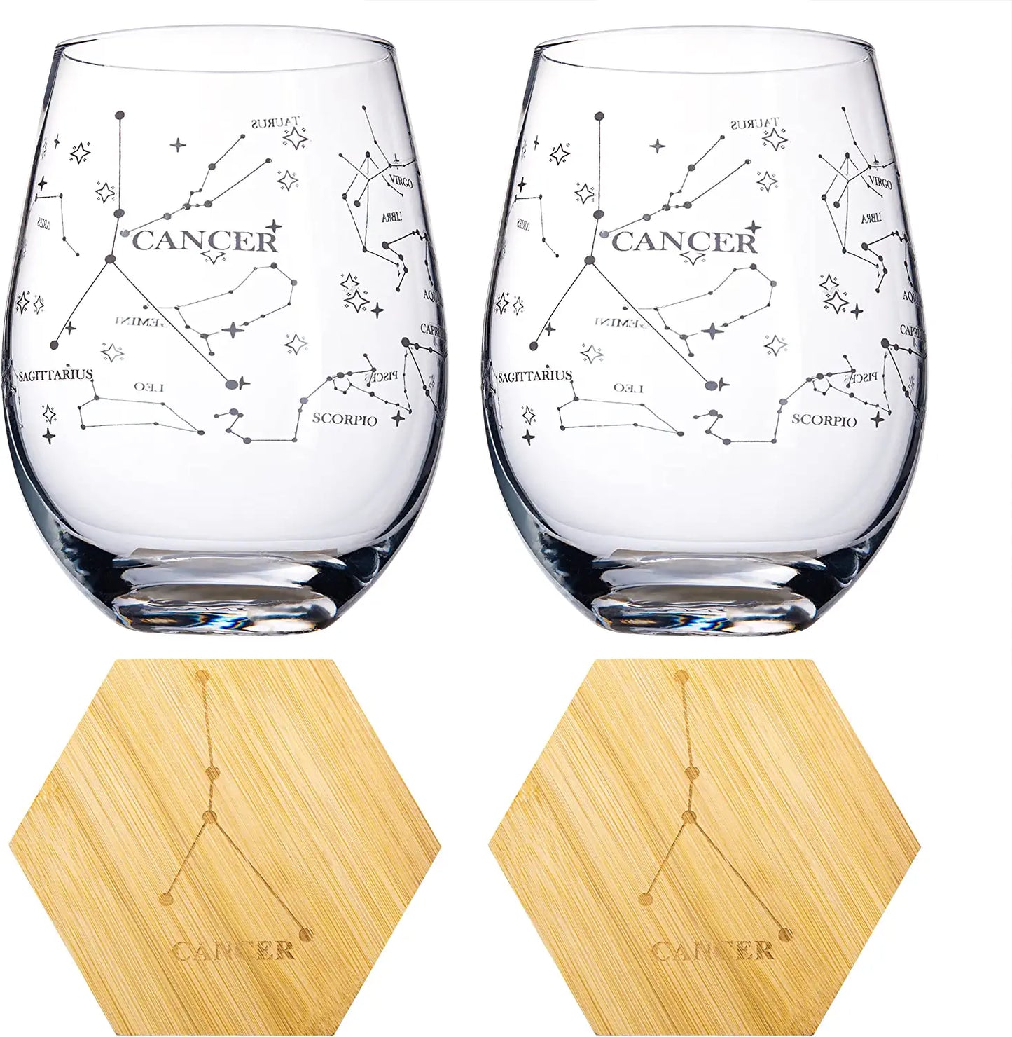 Set of 2 Cancer Zodiac Sign Wine Glasses with 2 Wooden Coasters