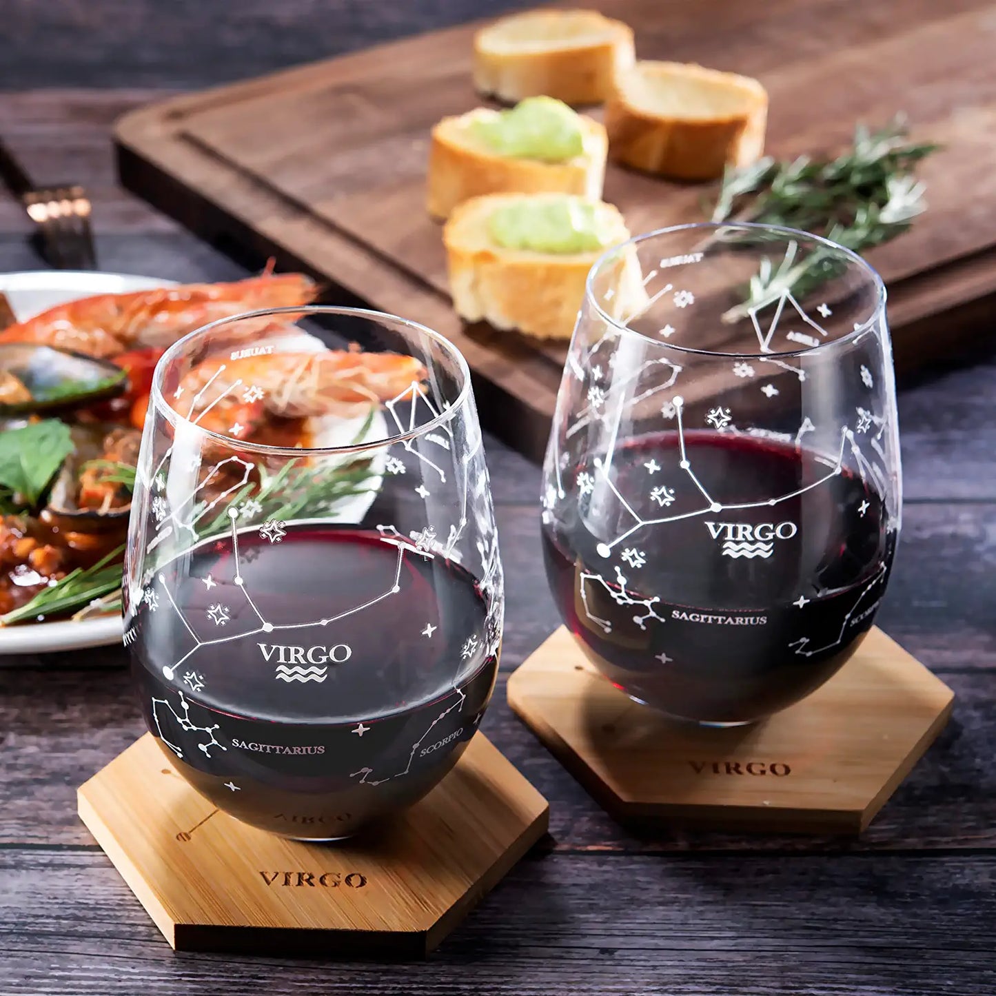 Set of 2 Virgo Zodiac Sign Wine Glasses with 2 Wooden Coasters