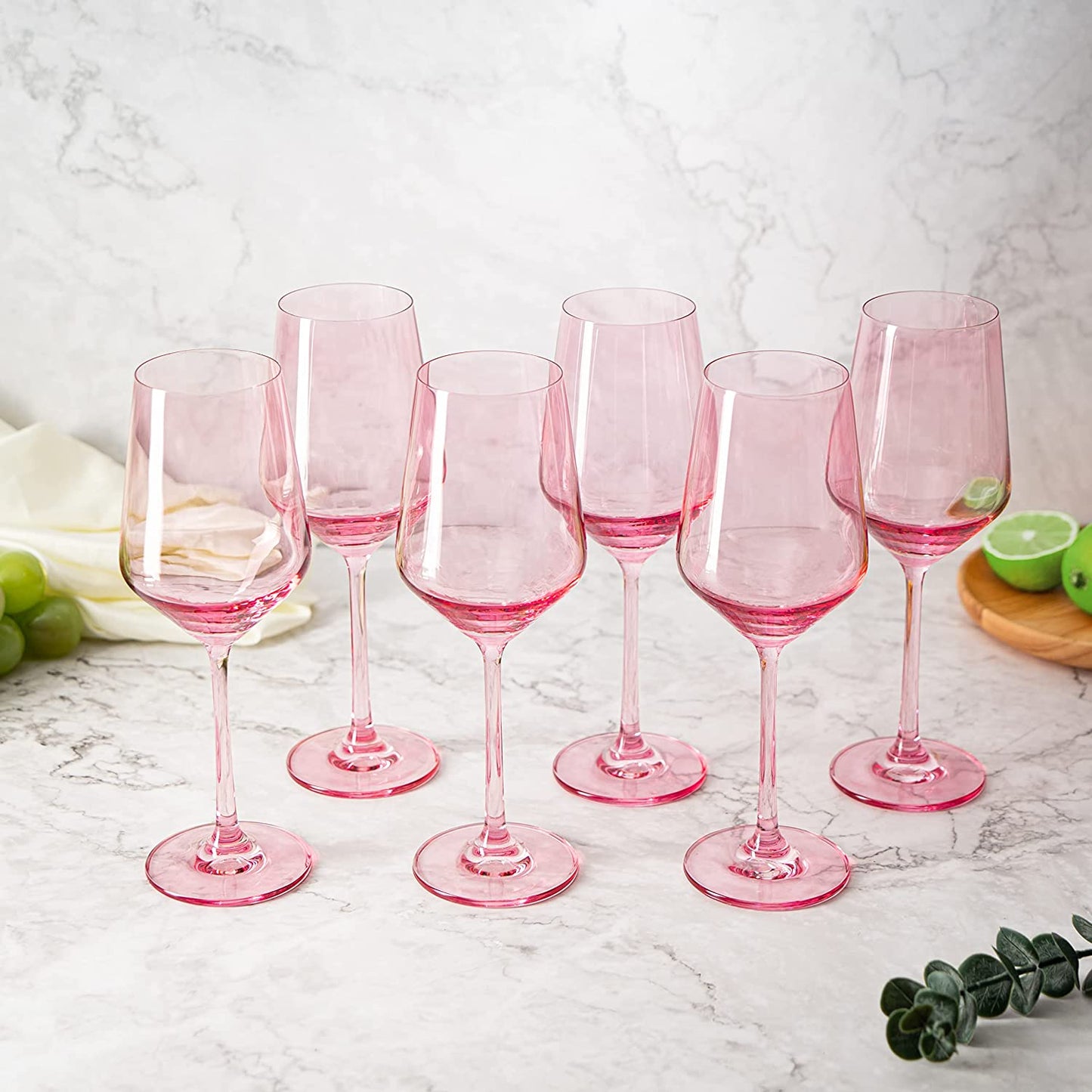 Hand Blown Italian Style Crystal Bordeaux Pink Wine Glasses  12 oz Set of 6