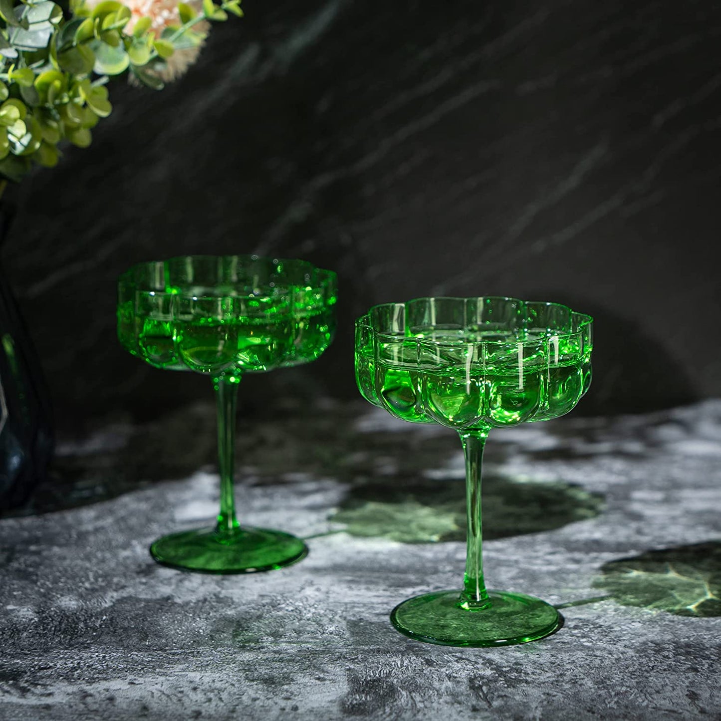 Flower Elegant Champagne & Cocktail Coupes 7 oz Set of 2 (Green)