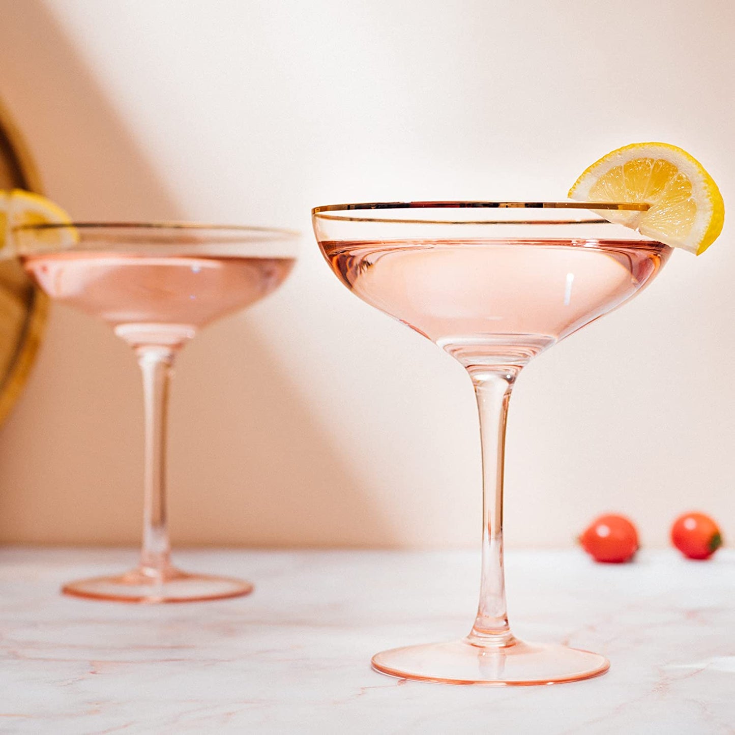 Gorgeous Gilded Pink Rim Coupe Glass 9 oz Set Of 2