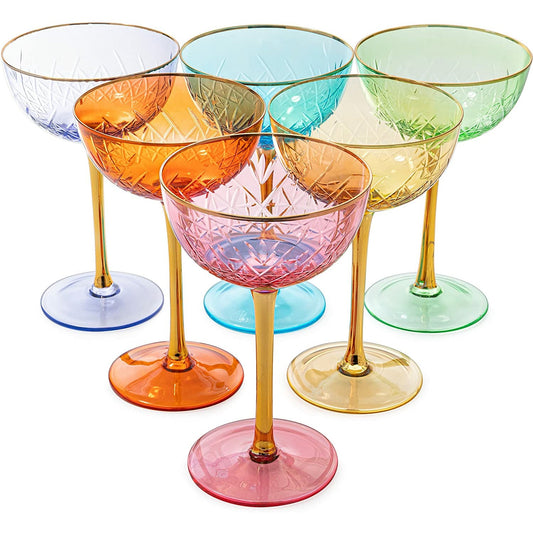 Hand Blown Italian Style Colored Coupe Art Deco Glasses  7.3 oz Set of 6