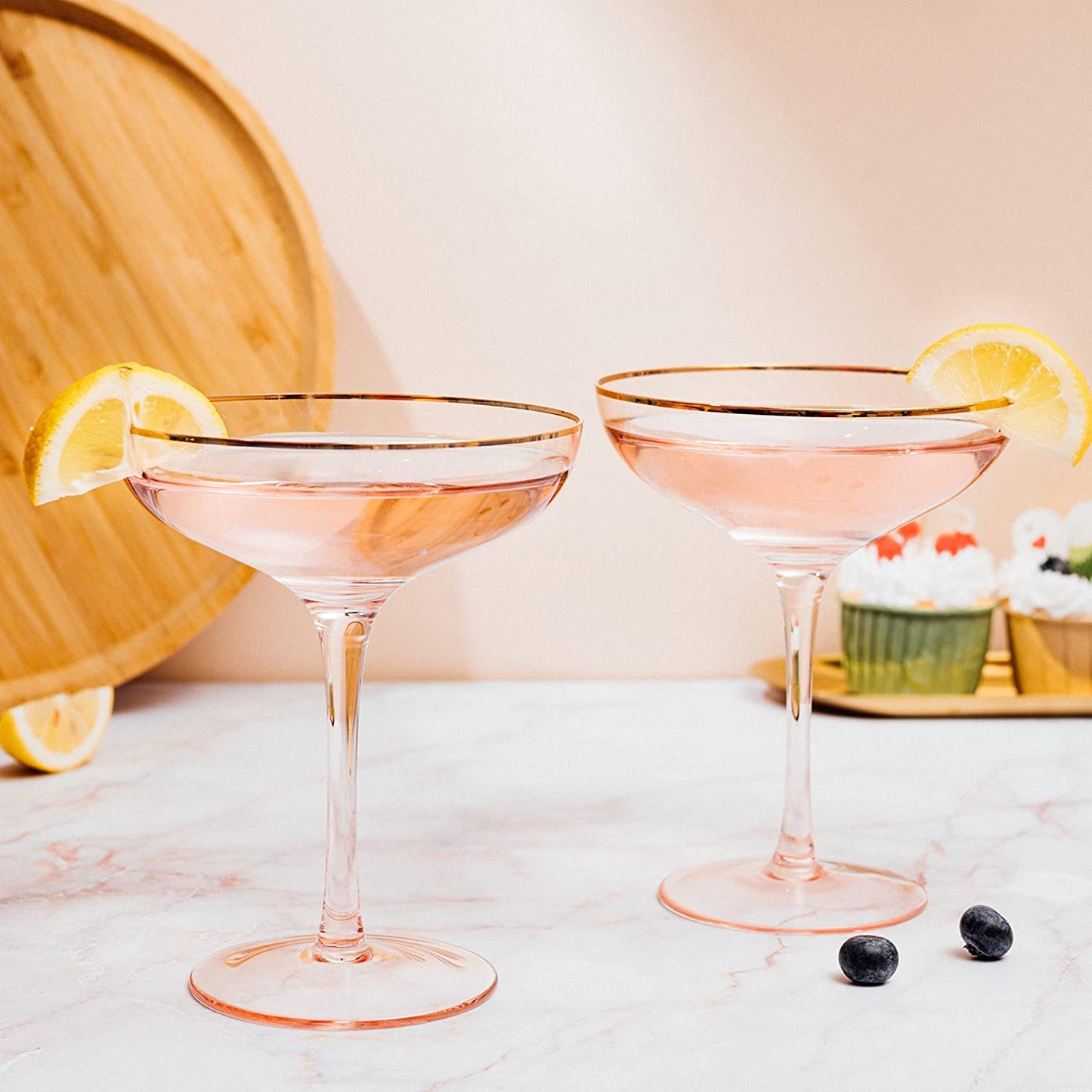 Gorgeous Gilded Pink Rim Coupe Glass 9 oz Set Of 2