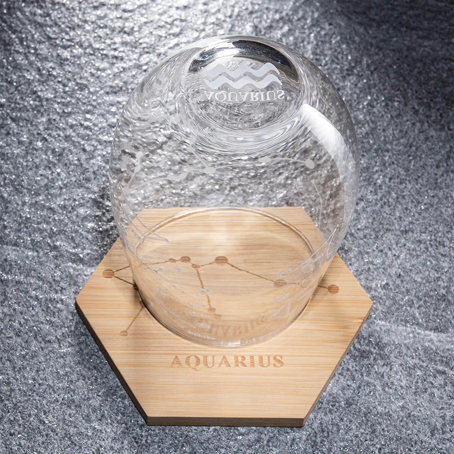 Set of 2 Aquarius Zodiac Sign Wine Glasses with 2 Wooden Coasters