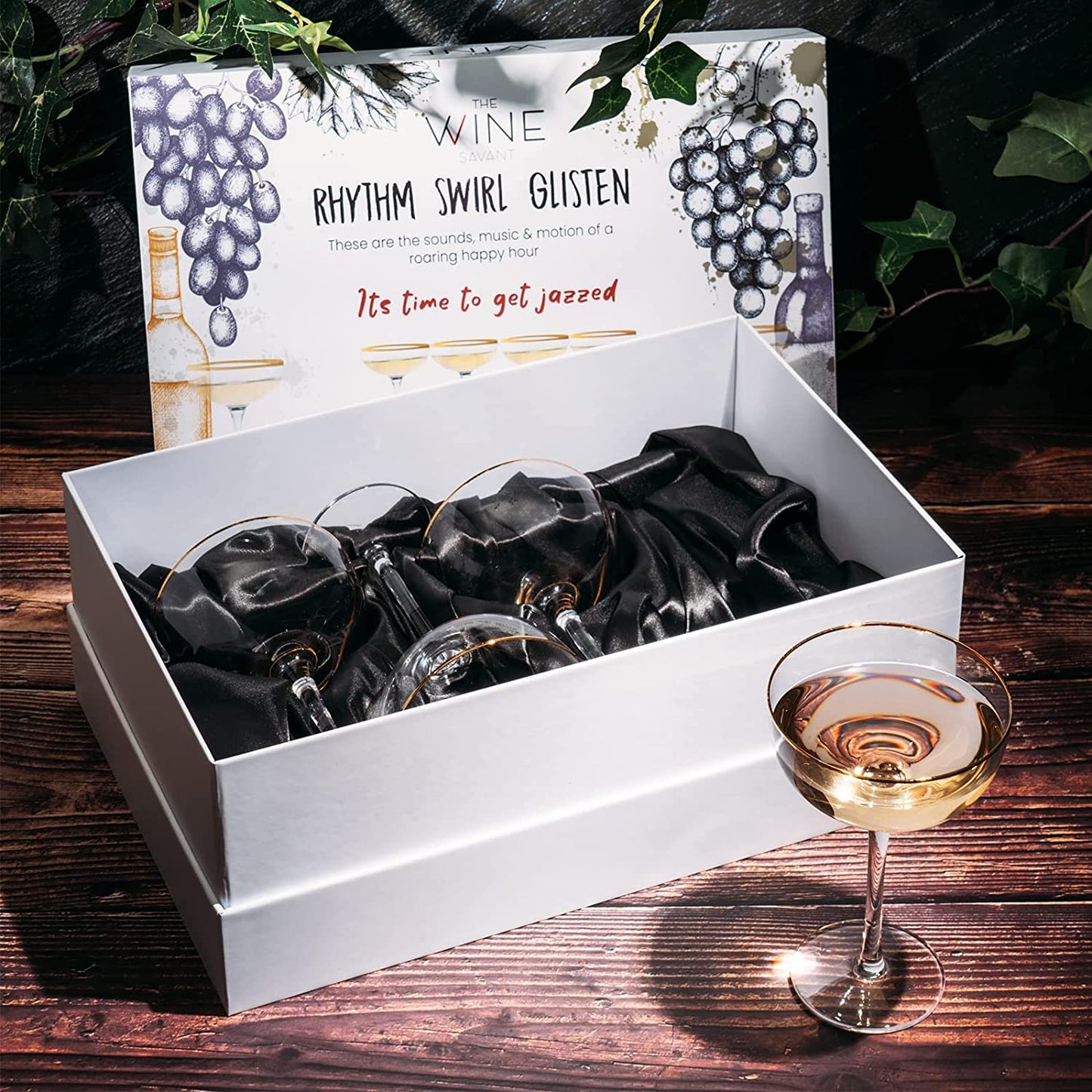 Gold Rim Art Deco Coupe Glasses 7 oz Set of 4