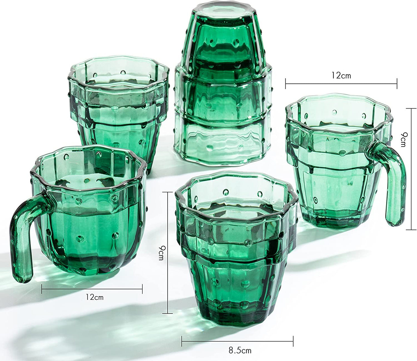 Cactus Shape Stackable Glasses With Handles 10 oz Set of 6