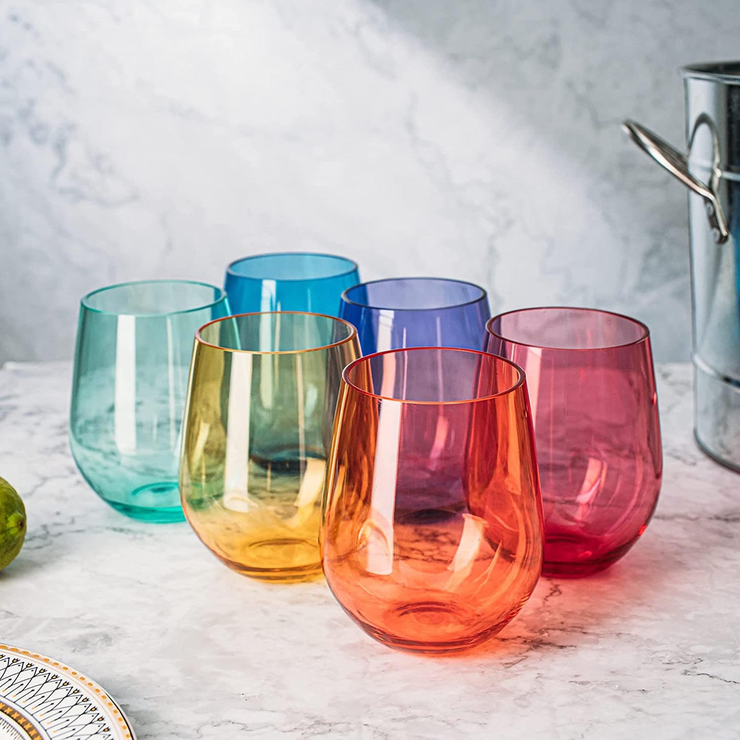 Shatterproof Colored Stemless Wine Glasses 18 oz Set Of 6