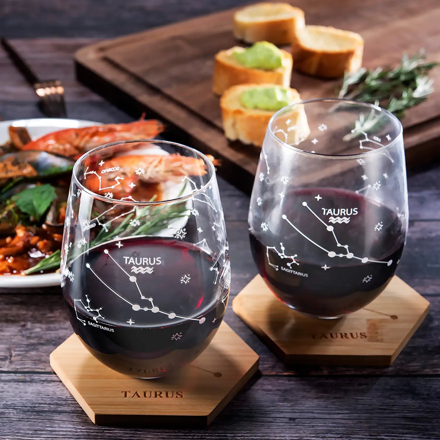 Set of 2 Taurus Zodiac Sign Wine Glasses with 2 Wooden Coasters