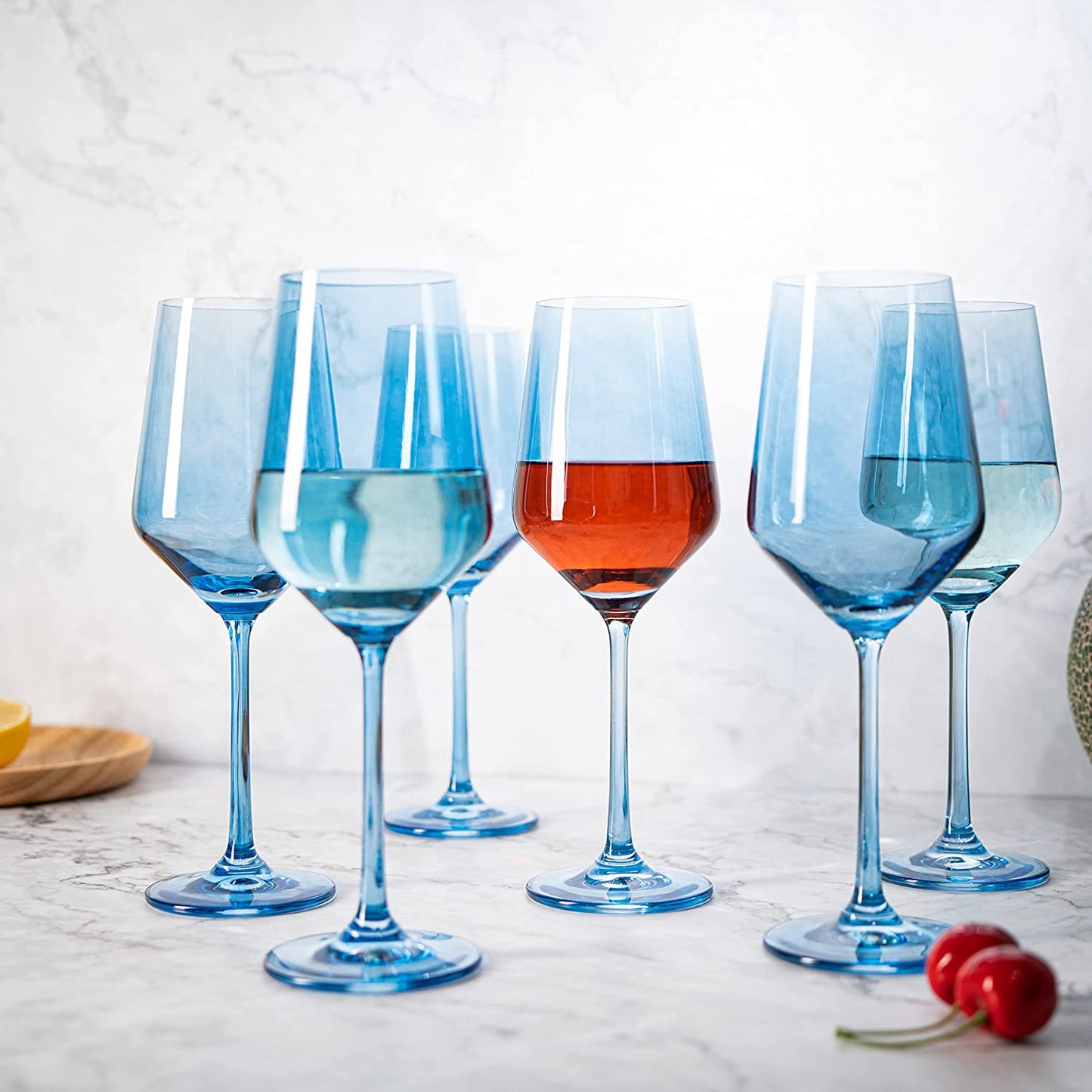 Hand Blown Italian Style Crystal Bordeaux Blue 12 oz Set of 6
