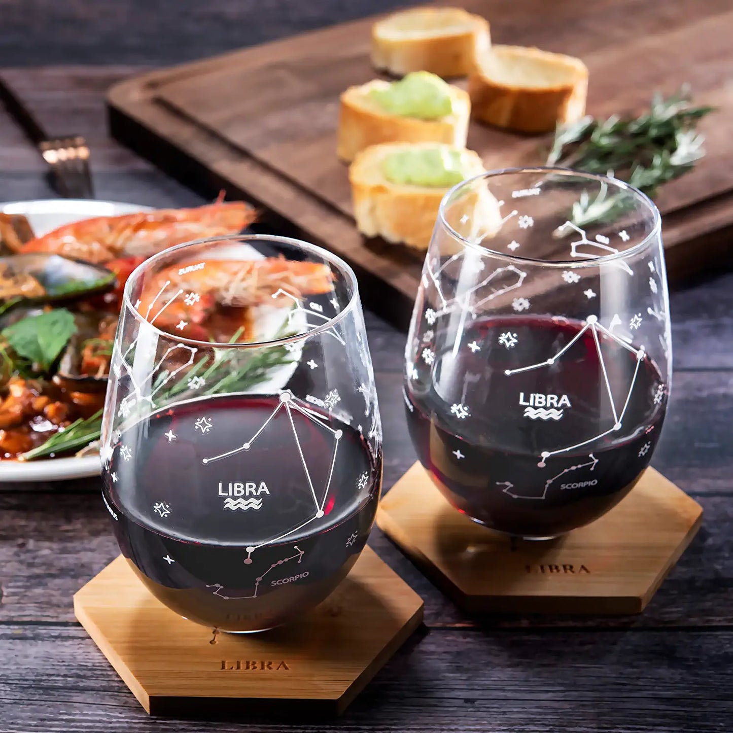 Set of 2 Libra Zodiac Sign Wine Glasses with 2 Wooden Coasters