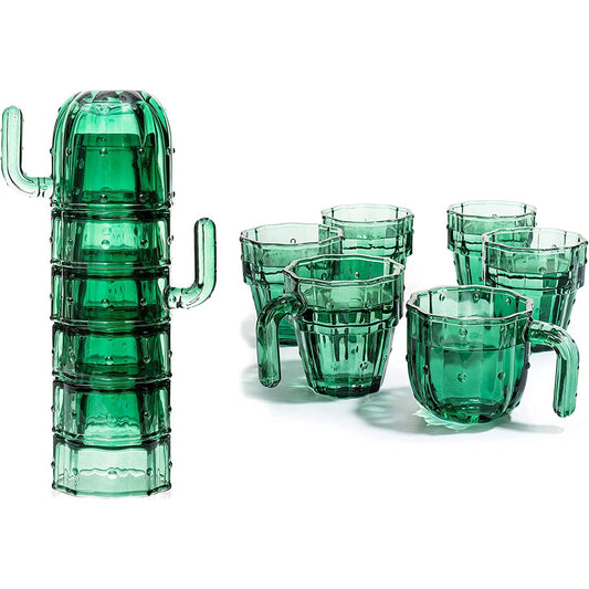 Cactus Shape Stackable Glasses With Handles 10 oz Set of 6