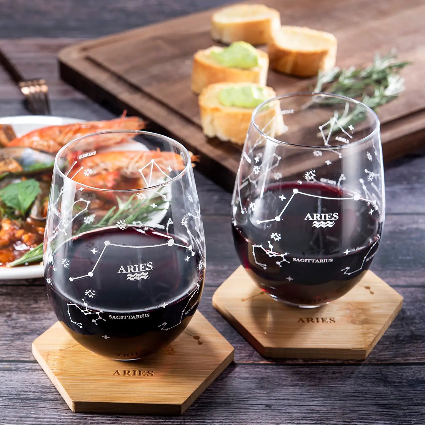 Set of 2 Aries Zodiac Sign Wine Glasses with 2 Wooden Coasters