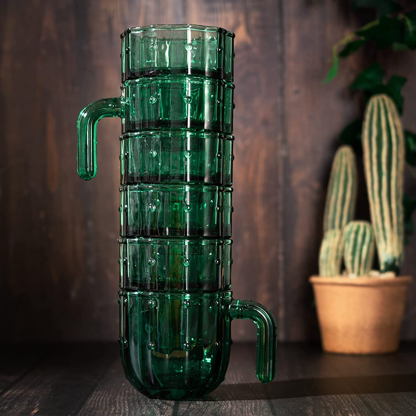 Cactus Shape Stackable Glasses With Handles 10 oz Set of 6